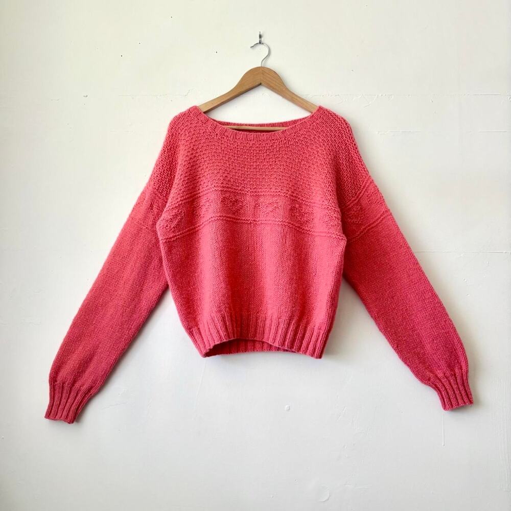 Vintage Hand Knit 100% Wool Chunky Sweater Hearts Grandmacore Cottagecore SZ M/L